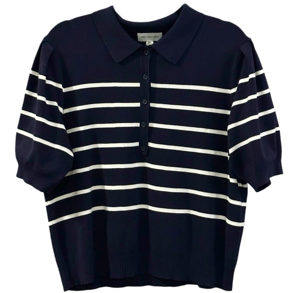 Free Assembly Blue White Striped Knit Polo Top Short Puffed Sleeves 2XL Sweater